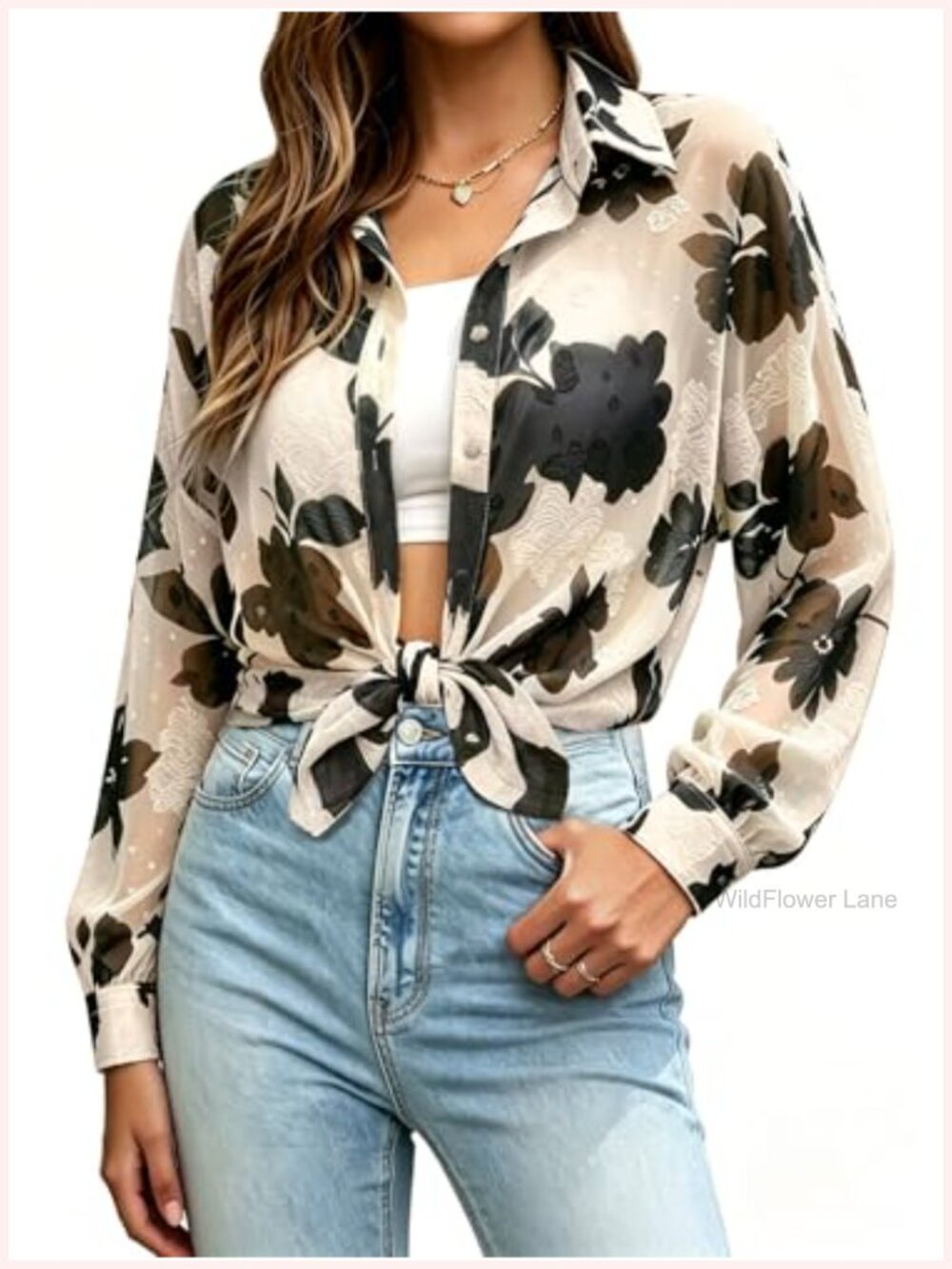 Women's Floral Chiffon Button Down Blouse Long Sleeve V Neck Sheer Dressy